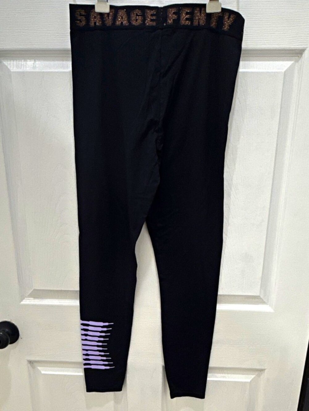 Savage X Fenty Black Purple Stripe Logo High Rise Ankle Leggings L Stretch